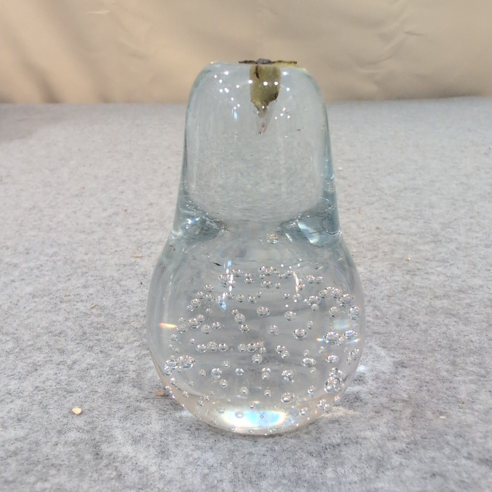 Vintage Clear Controlled Bubble Art Glass Pear Paperweight Metal Stem Figurine - Picture 1 of 4